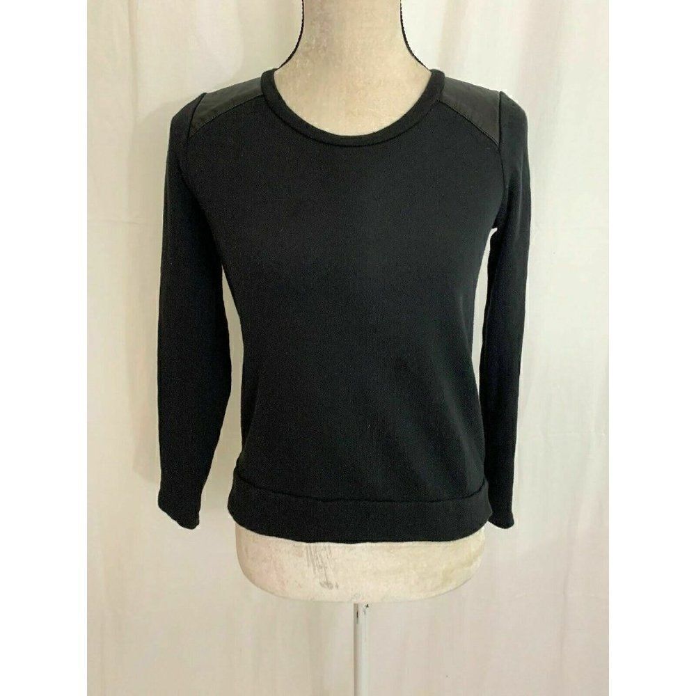 Splendid Womens Solid Black Long Sleeve Faux Leather Sweater Top Xs